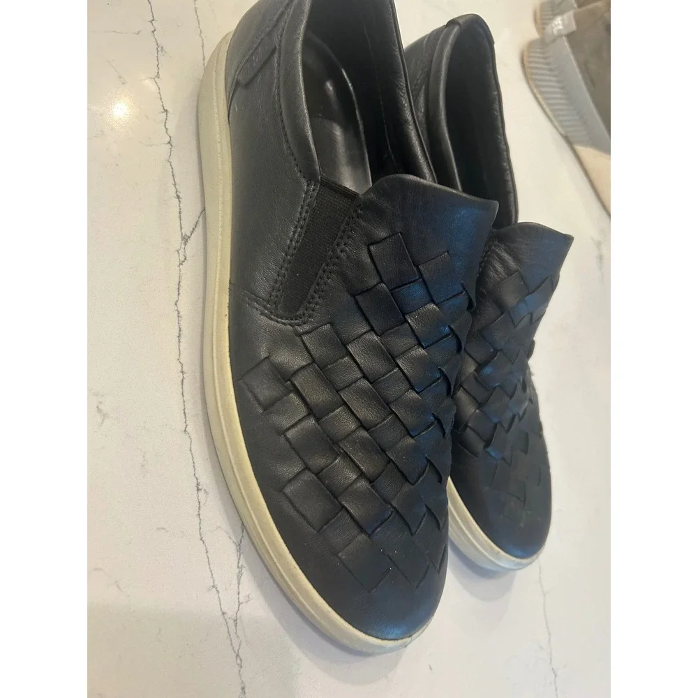 ECCO Slip On Sneakers Black Woven Leather Soft 7 Extra Width Flats 42 US 11-11.5